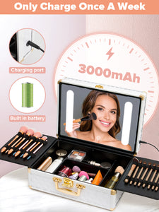 Portable makeup case, travel makeup bag with LED mirror, locked makeup storage box, brush holder, divider, rechargeable, white