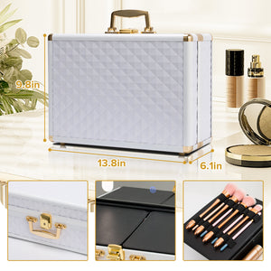 Portable makeup case, travel makeup bag with LED mirror, locked makeup storage box, brush holder, divider, rechargeable, white