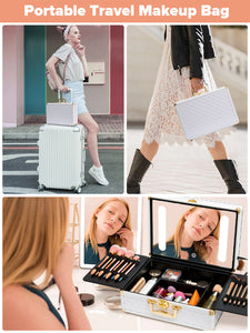 Portable makeup case, travel makeup bag with LED mirror, locked makeup storage box, brush holder, divider, rechargeable, white