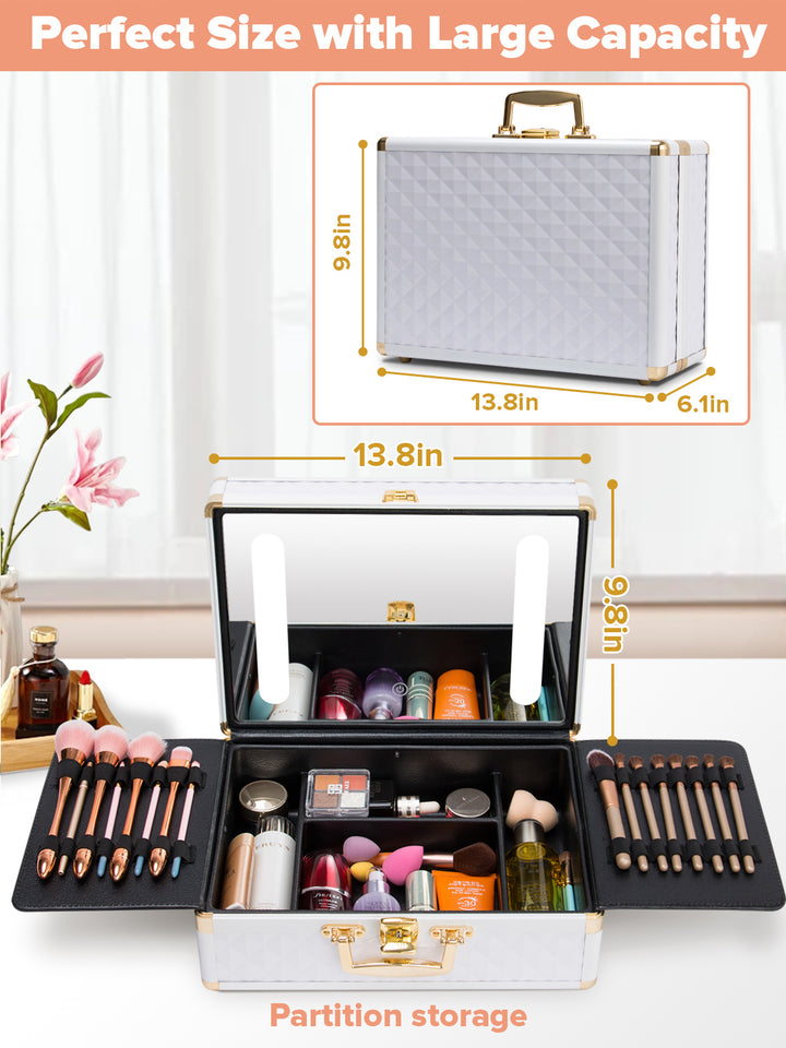 Portable makeup case, travel makeup bag with LED mirror, locked makeup storage box, brush holder, divider, rechargeable, white