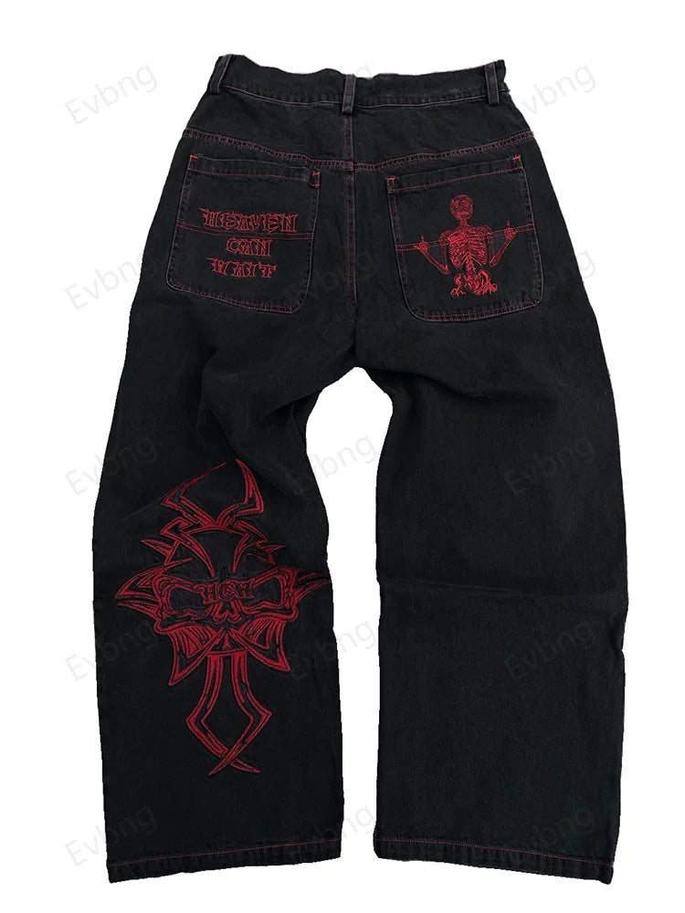 Y2K Jeans Mens Retro Skull Embroidery